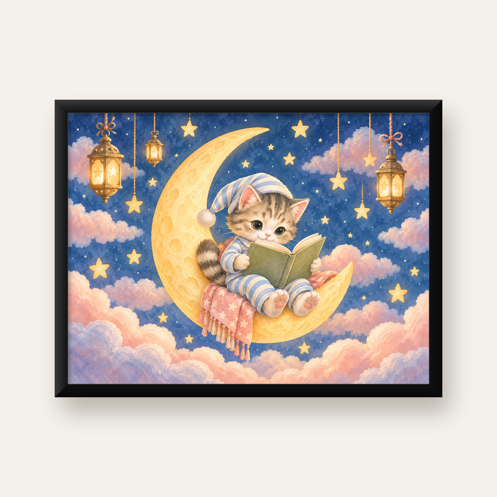 Ayda Kitap Okuyan Sevimli Kedi Pastel Poster — Yatay baskı, düz siyah çerçeveli duvar posteri