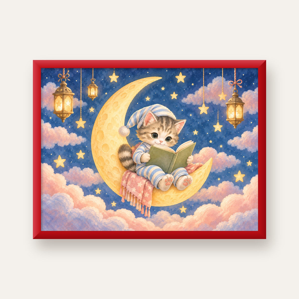 Ayda Kitap Okuyan Sevimli Kedi Pastel Poster — kırmızı çerçeveli