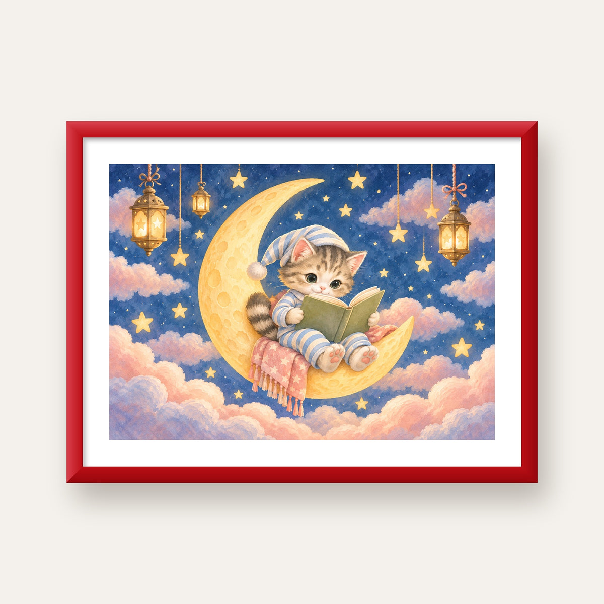 Ayda Kitap Okuyan Sevimli Kedi Pastel Poster — kırmızı çerçeveli paspartulu