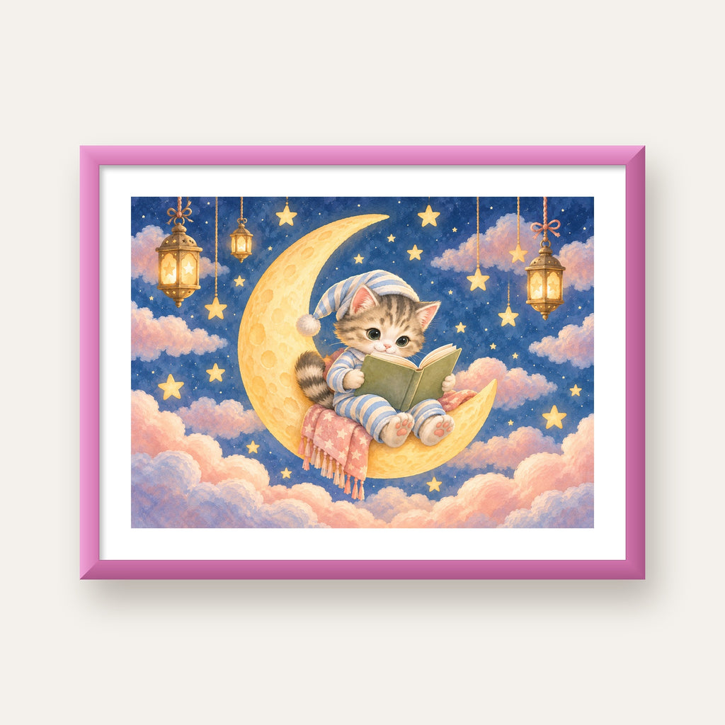 Ayda Kitap Okuyan Sevimli Kedi Pastel Poster — pembe çerçeveli paspartulu