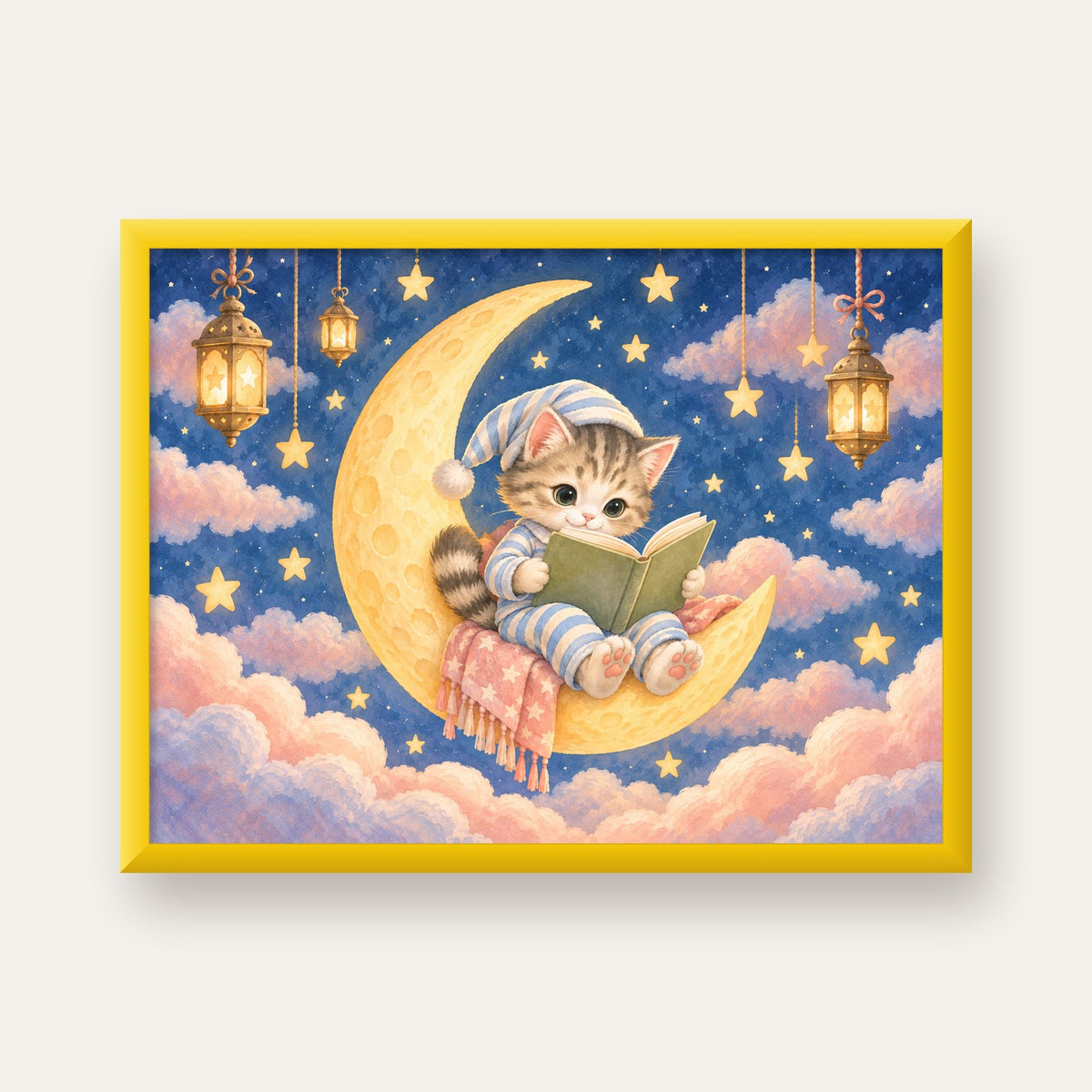 Ayda Kitap Okuyan Sevimli Kedi Pastel Poster — sarı çerçeveli