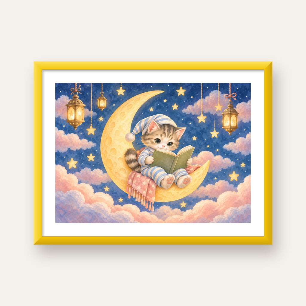 Ayda Kitap Okuyan Sevimli Kedi Pastel Poster — sarı çerçeveli paspartulu