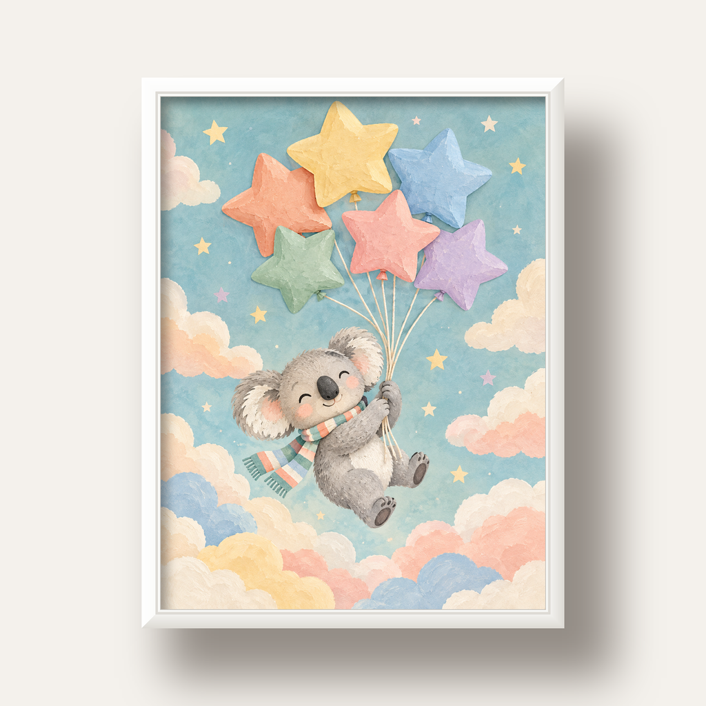 Uçan Koala ve Yıldız Balonlar Çocuk Odası Poster Baskı — beyaz derin çerçeveli