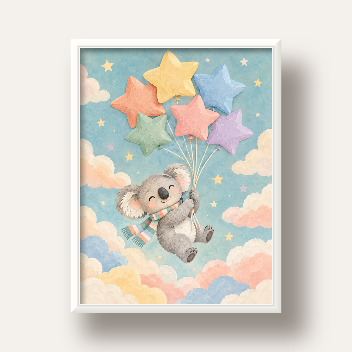 Uçan Koala ve Yıldız Balonlar Çocuk Odası Poster Baskı — beyaz derin çerçeveli
