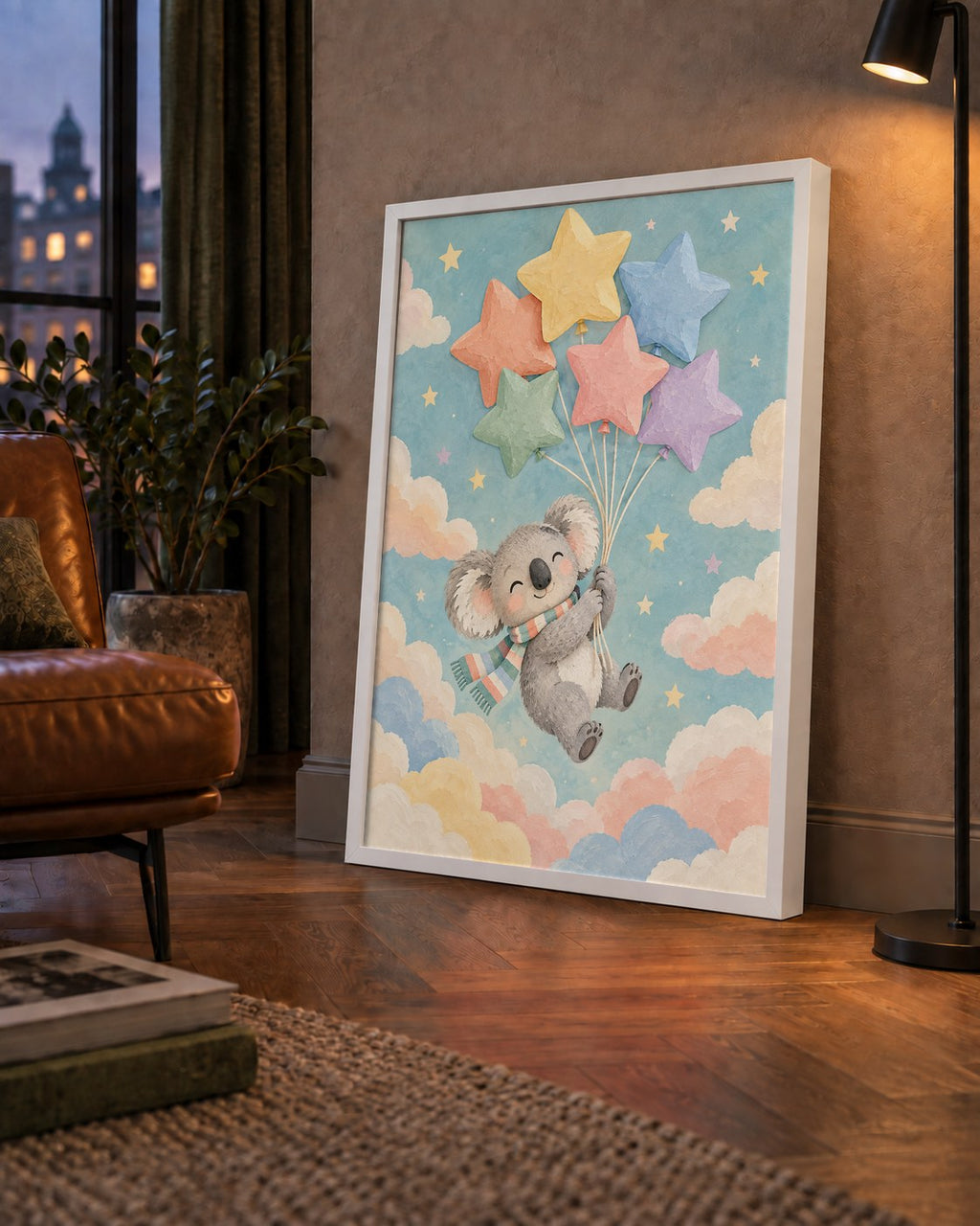 Uçan Koala ve Yıldız Balonlar Çocuk Odası Poster Baskı