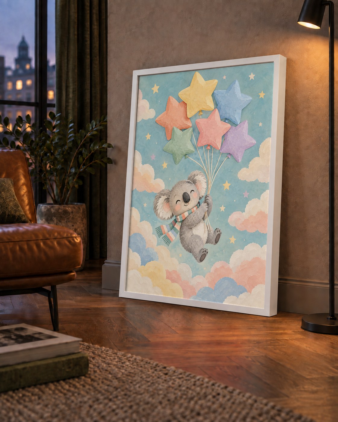 Uçan Koala ve Yıldız Balonlar Çocuk Odası Poster Baskı
