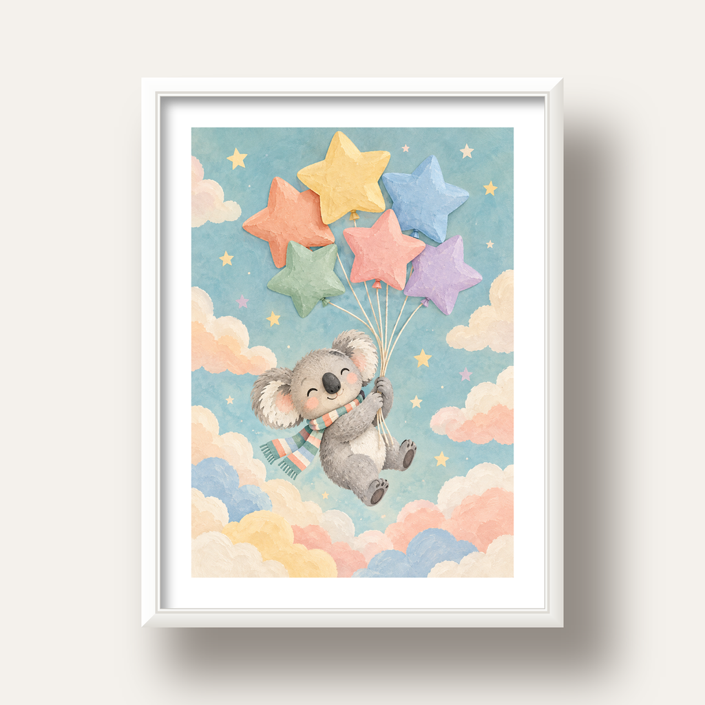 Uçan Koala ve Yıldız Balonlar Çocuk Odası Poster Baskı — beyaz derin çerçeveli paspartulu