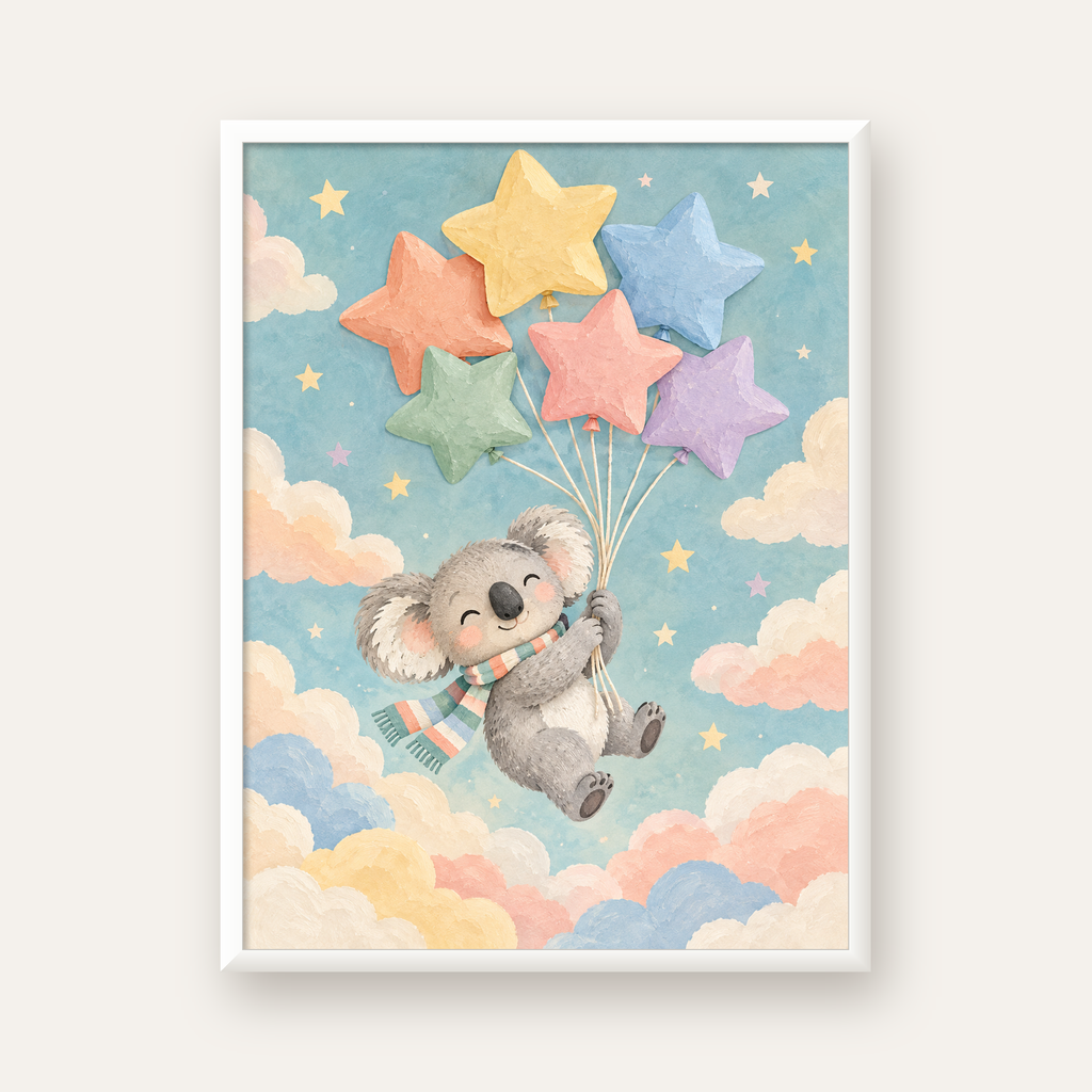 Uçan Koala ve Yıldız Balonlar Çocuk Odası Poster Baskı — beyaz çerçeveli dikey poster