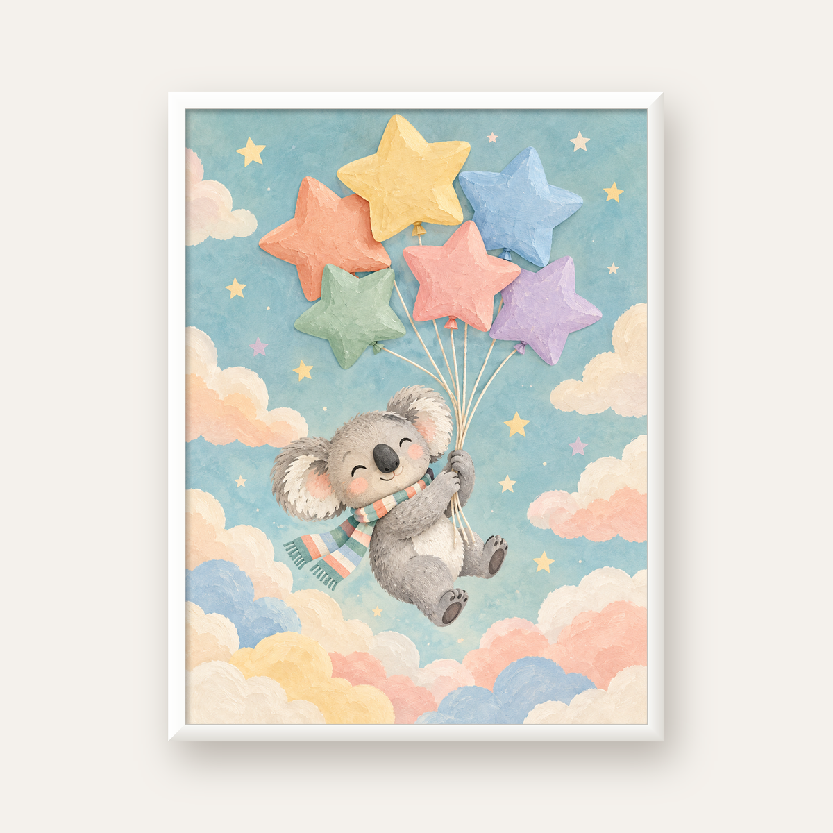 Uçan Koala ve Yıldız Balonlar Çocuk Odası Poster Baskı — beyaz çerçeveli dikey poster