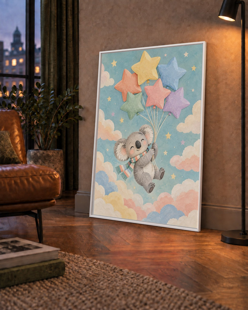 Uçan Koala ve Yıldız Balonlar Çocuk Odası Poster Baskı