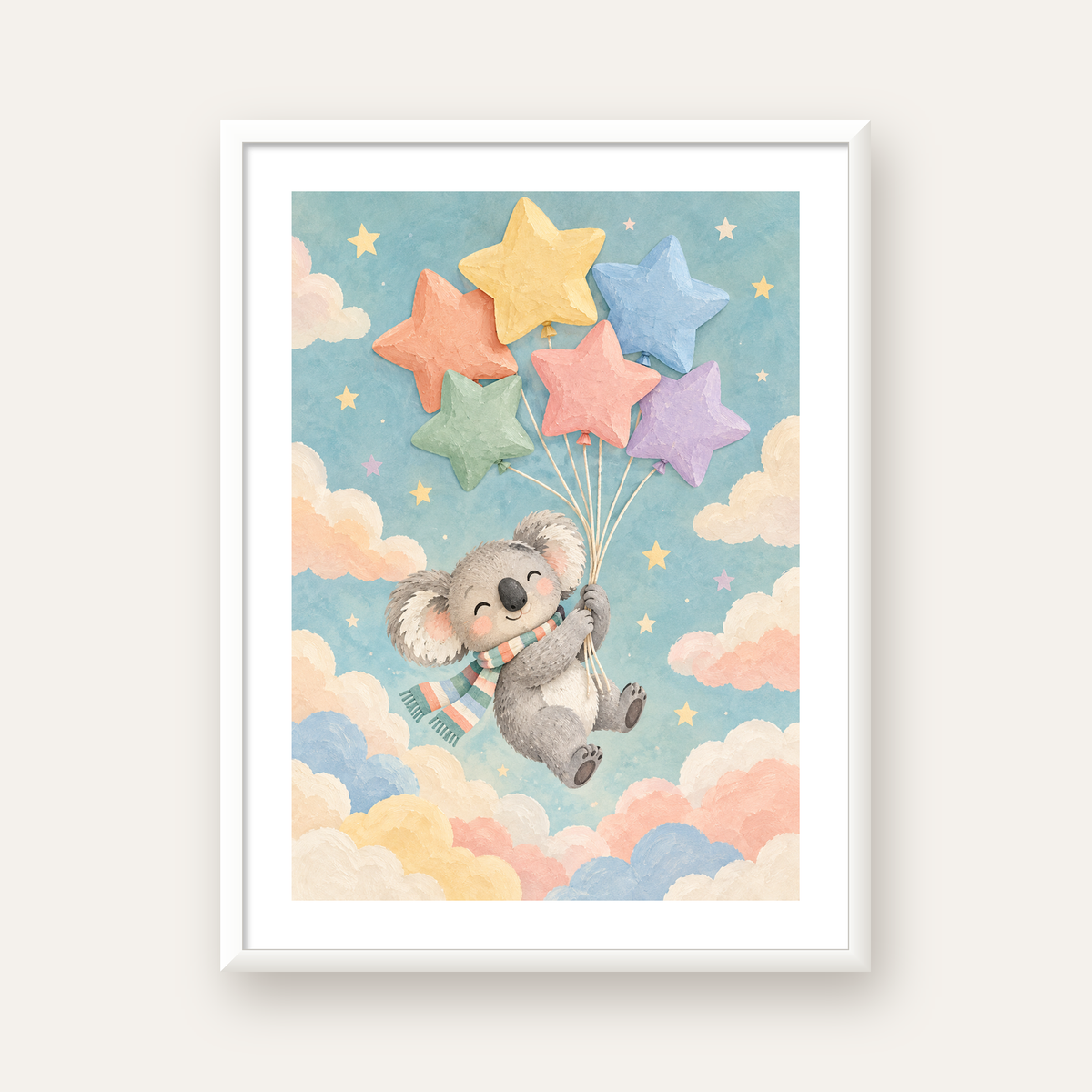 Uçan Koala ve Yıldız Balonlar Çocuk Odası Poster Baskı — beyaz çerçeveli dikey poster