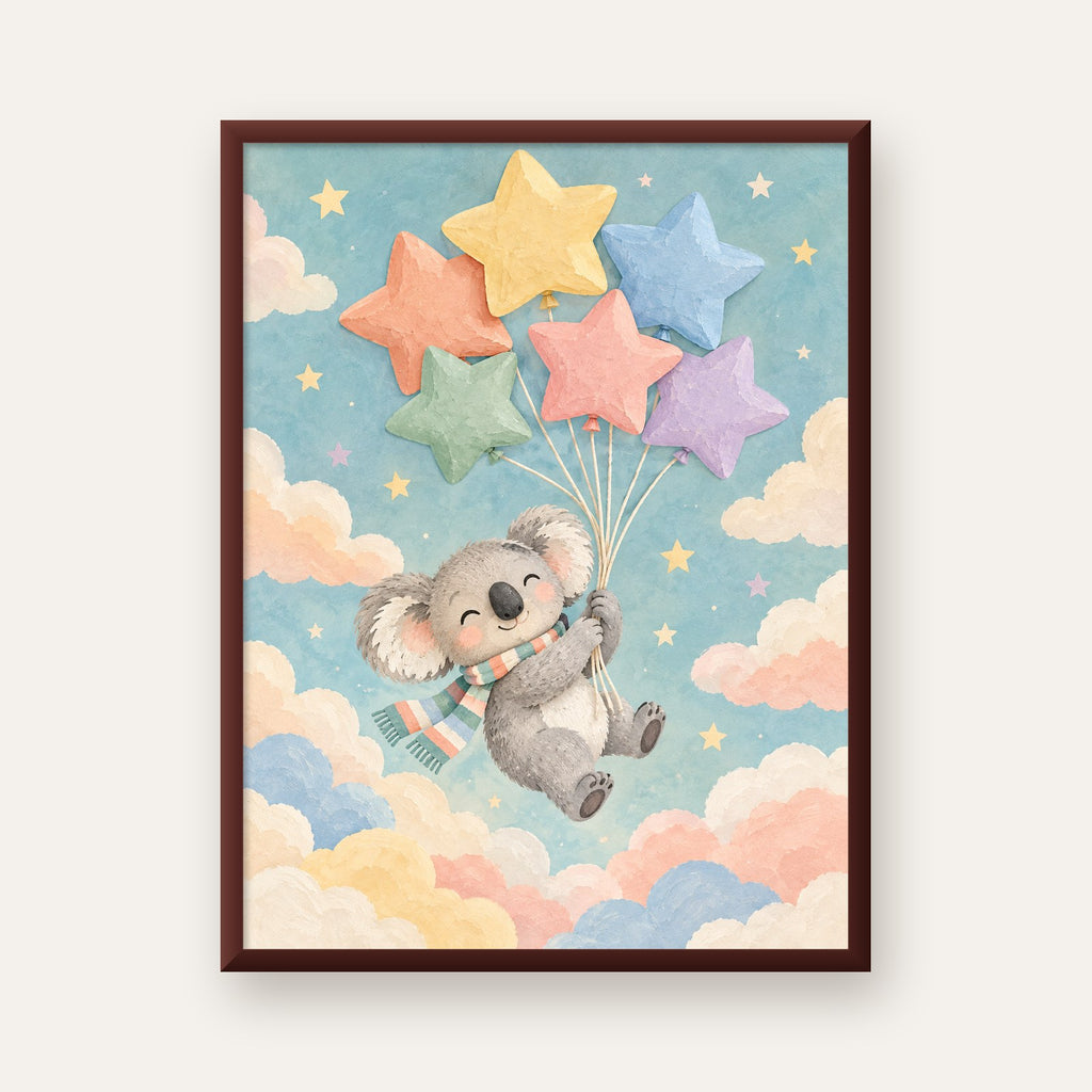 Uçan Koala ve Yıldız Balonlar Çocuk Odası Poster Baskı — ceviz çerçeveli