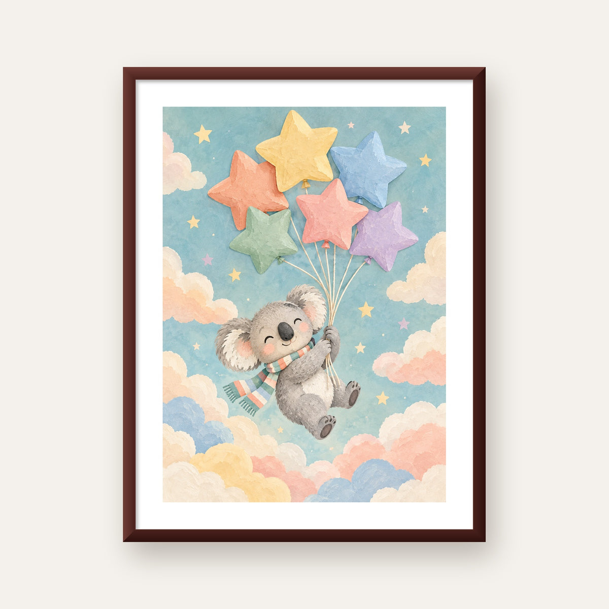 Uçan Koala ve Yıldız Balonlar Çocuk Odası Poster Baskı — ceviz çerçeveli paspartulu