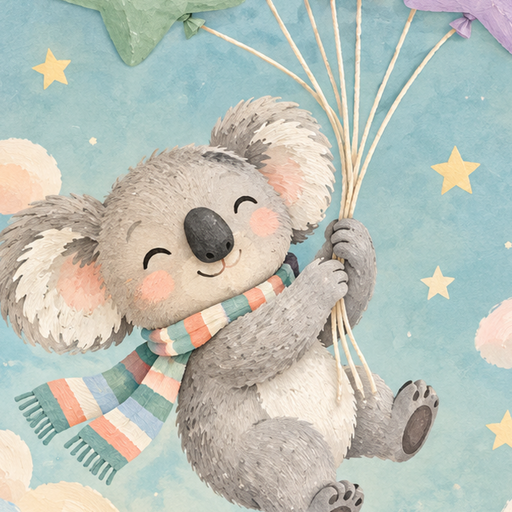 Uçan Koala ve Yıldız Balonlar Çocuk Odası Poster Baskı — baskının yakın çekimi, kâğıt dokusu ve renk detayı
