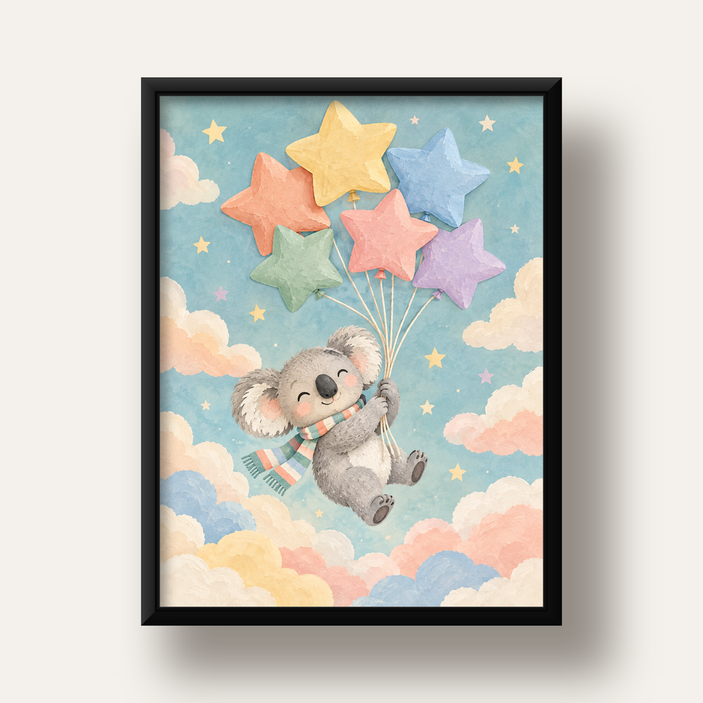 Uçan Koala ve Yıldız Balonlar Çocuk Odası Poster Baskı — siyah derin çerçeveli