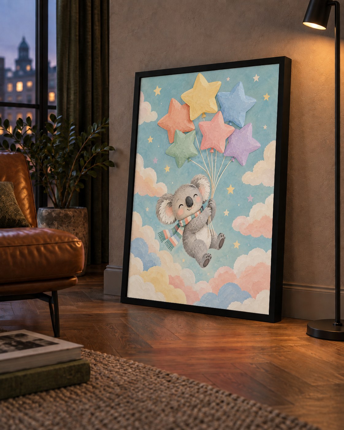 Uçan Koala ve Yıldız Balonlar Çocuk Odası Poster Baskı