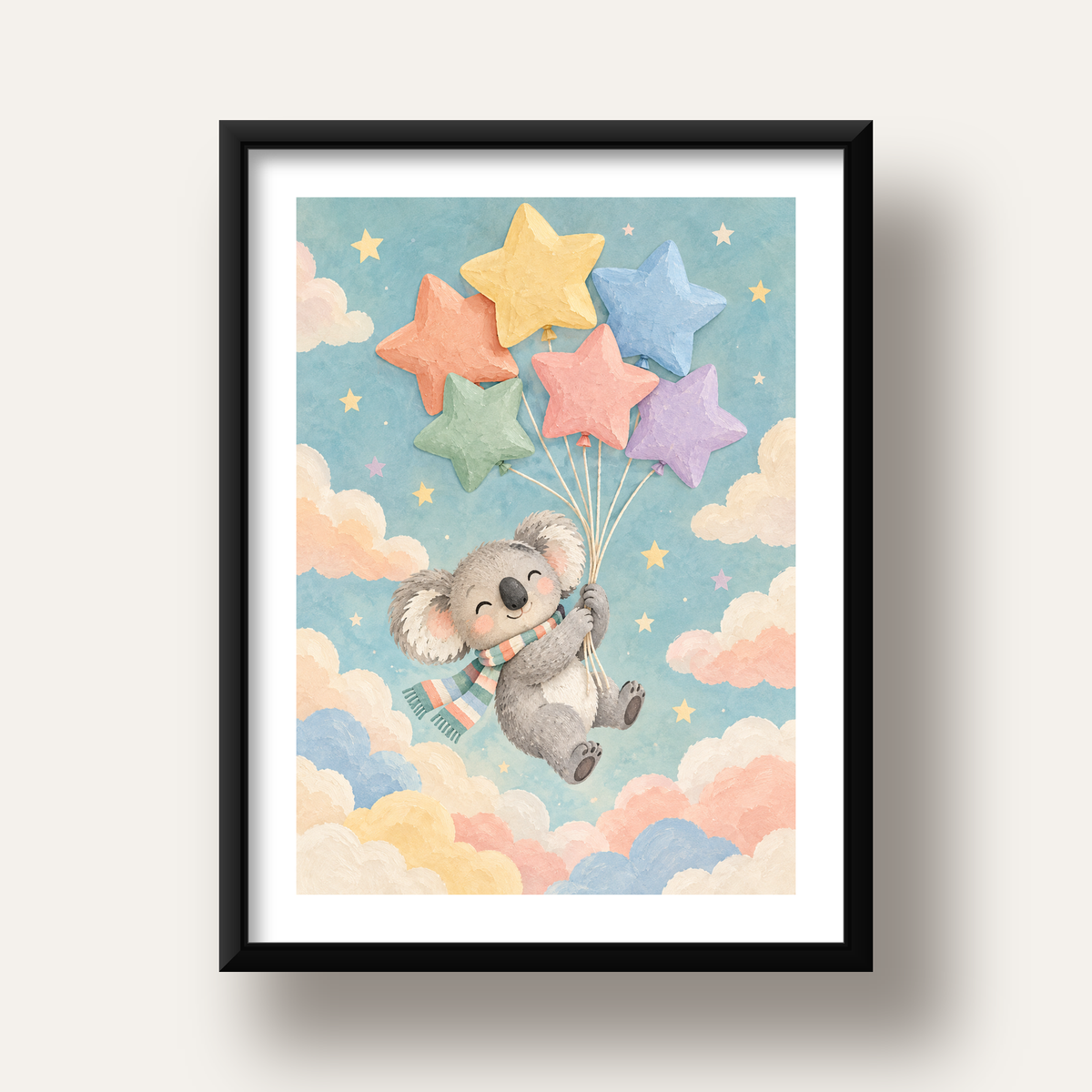 Uçan Koala ve Yıldız Balonlar Çocuk Odası Poster Baskı — siyah derin çerçeveli paspartulu
