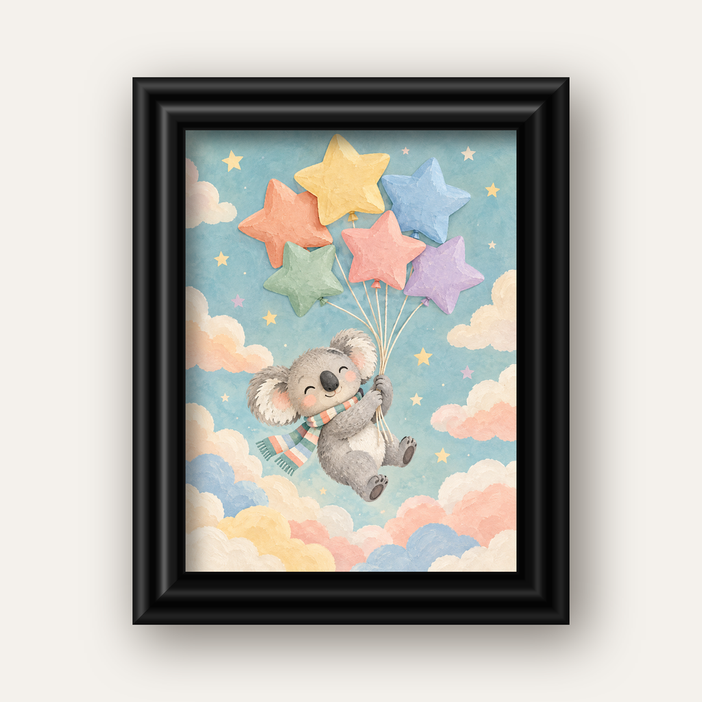 Uçan Koala ve Yıldız Balonlar Çocuk Odası Poster Baskı — siyah galeri çerçeveli