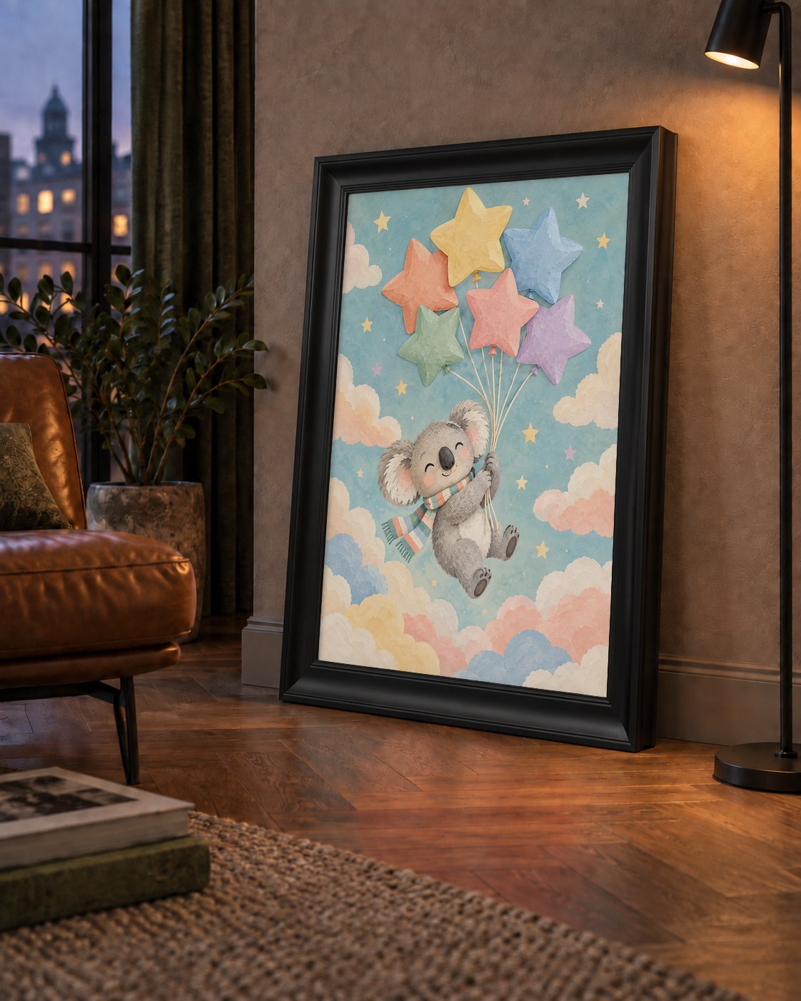 Uçan Koala ve Yıldız Balonlar Çocuk Odası Poster Baskı