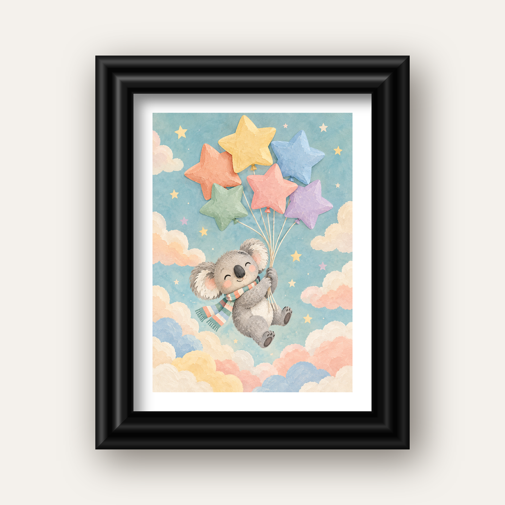 Uçan Koala ve Yıldız Balonlar Çocuk Odası Poster Baskı — siyah galeri çerçeveli paspartulu
