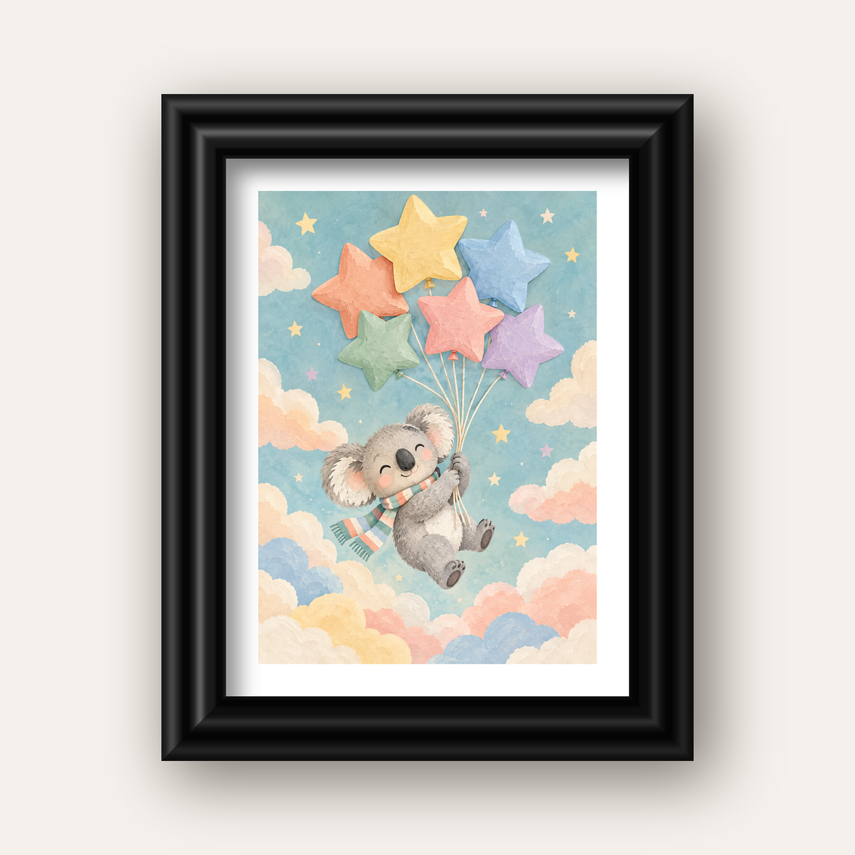 Uçan Koala ve Yıldız Balonlar Çocuk Odası Poster Baskı — siyah galeri çerçeveli paspartulu