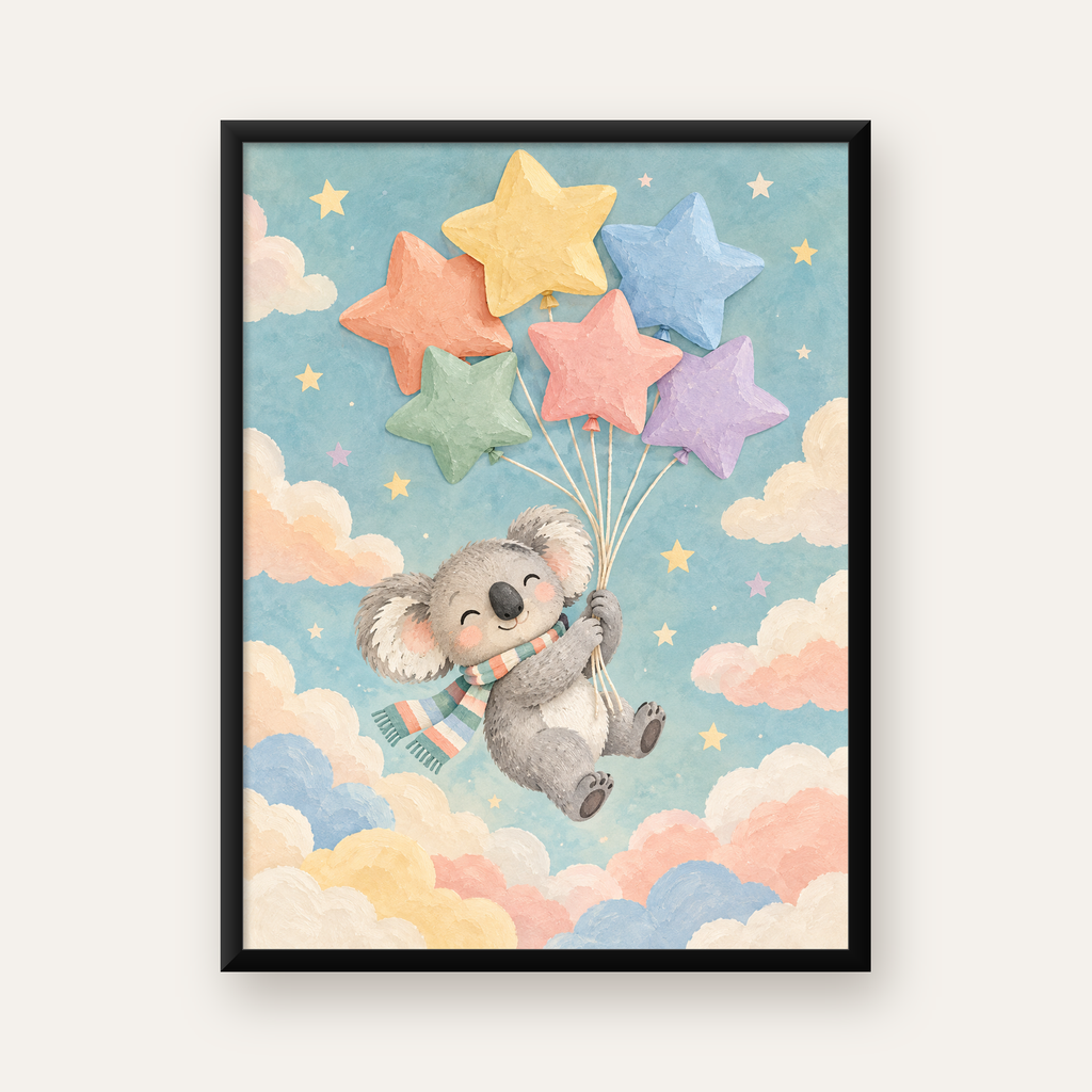 Uçan Koala ve Yıldız Balonlar Çocuk Odası Poster Baskı — Dikey baskı, düz siyah çerçeveli duvar posteri