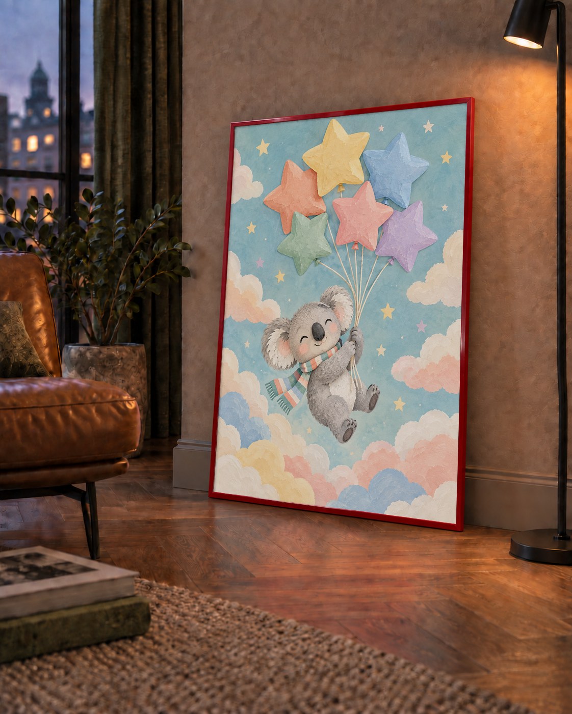 Uçan Koala ve Yıldız Balonlar Çocuk Odası Poster Baskı