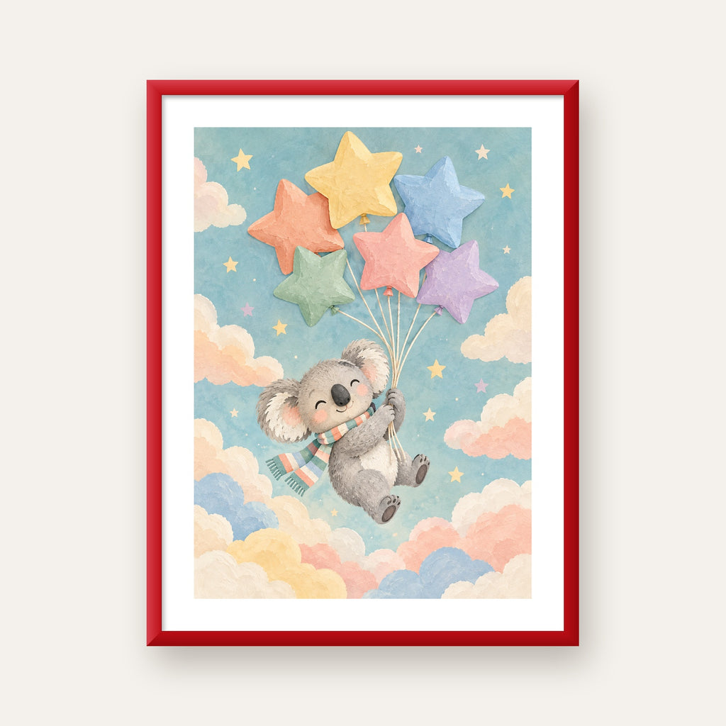 Uçan Koala ve Yıldız Balonlar Çocuk Odası Poster Baskı — kırmızı çerçeveli paspartulu