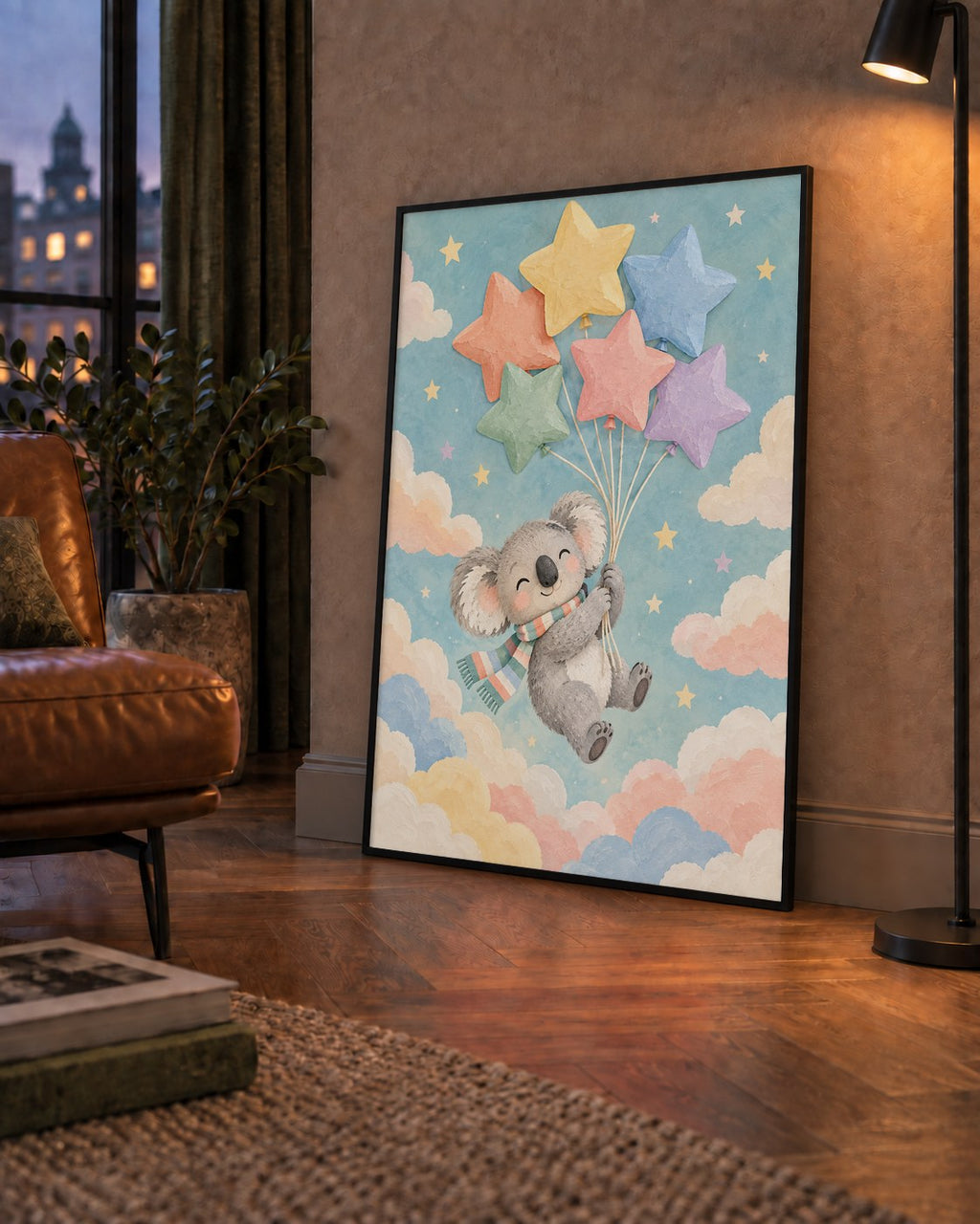 Uçan Koala ve Yıldız Balonlar Çocuk Odası Poster Baskı