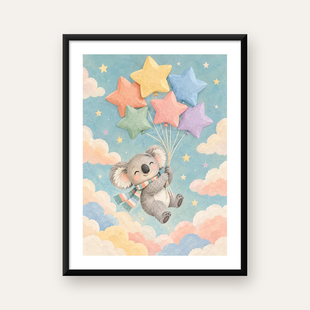 Uçan Koala ve Yıldız Balonlar Çocuk Odası Poster Baskı — Dikey baskı, beyaz paspartulu