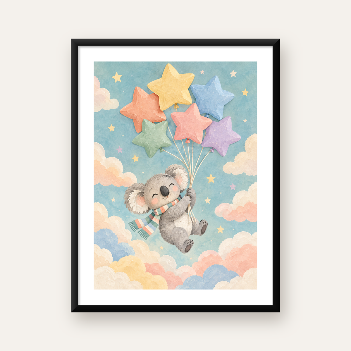 Uçan Koala ve Yıldız Balonlar Çocuk Odası Poster Baskı — Dikey baskı, beyaz paspartulu
