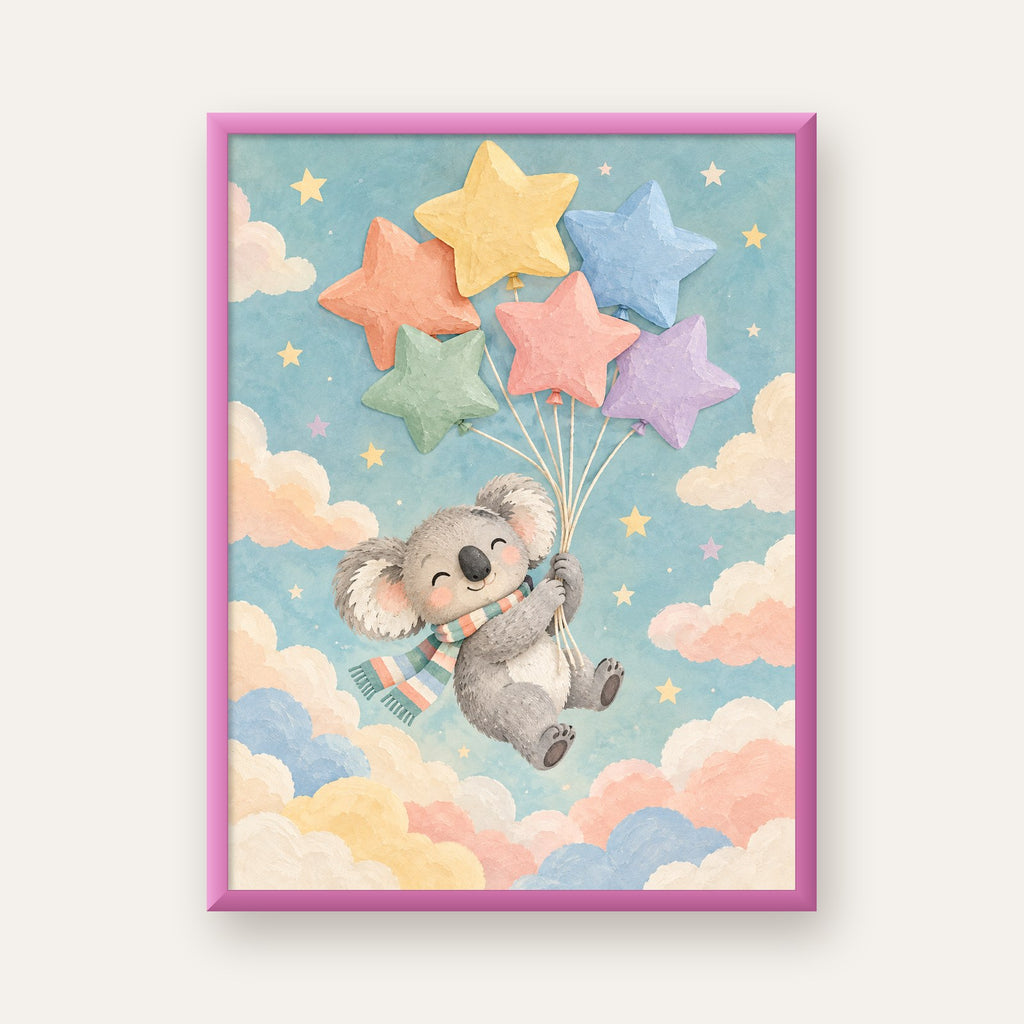 Uçan Koala ve Yıldız Balonlar Çocuk Odası Poster Baskı — pembe çerçeveli