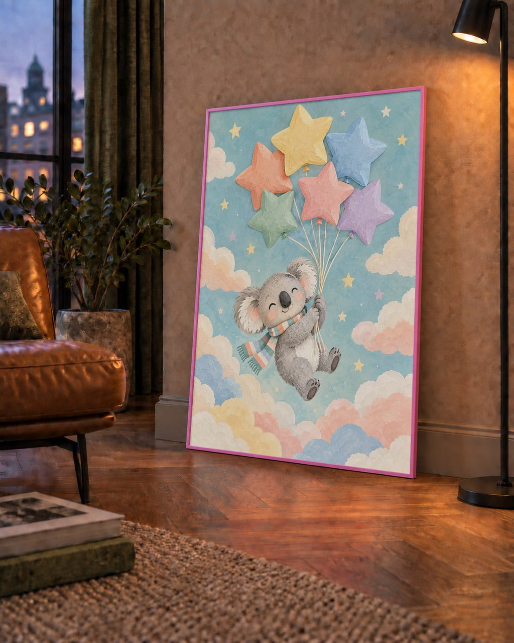 Uçan Koala ve Yıldız Balonlar Çocuk Odası Poster Baskı