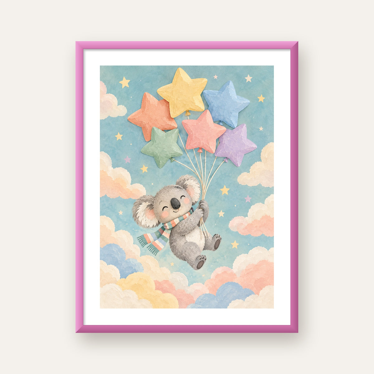 Uçan Koala ve Yıldız Balonlar Çocuk Odası Poster Baskı — pembe çerçeveli paspartulu