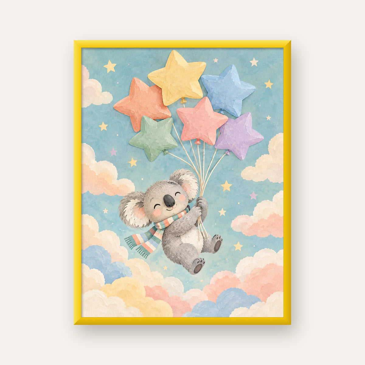 Uçan Koala ve Yıldız Balonlar Çocuk Odası Poster Baskı — sarı çerçeveli