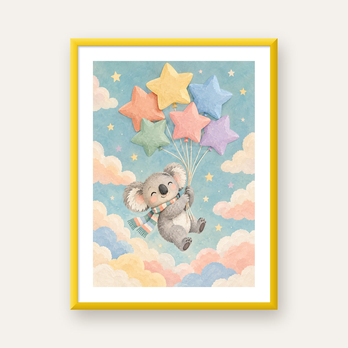 Uçan Koala ve Yıldız Balonlar Çocuk Odası Poster Baskı — sarı çerçeveli paspartulu