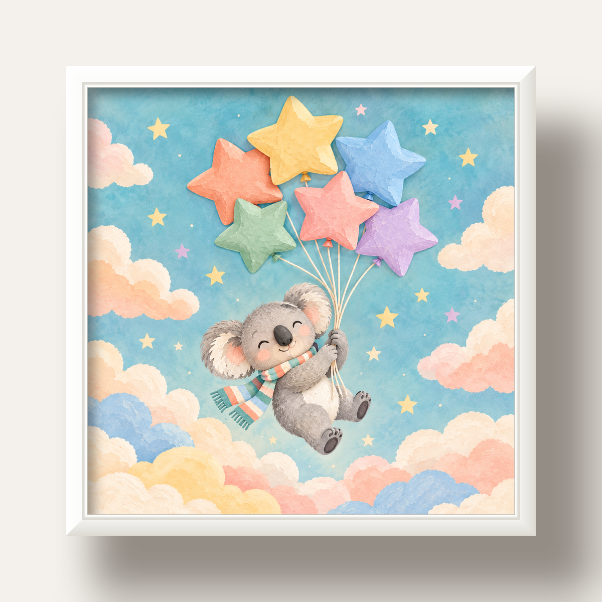 Uçan Koala ve Yıldız Balonlar Çocuk Odası Poster Baskı — beyaz derin çerçeveli