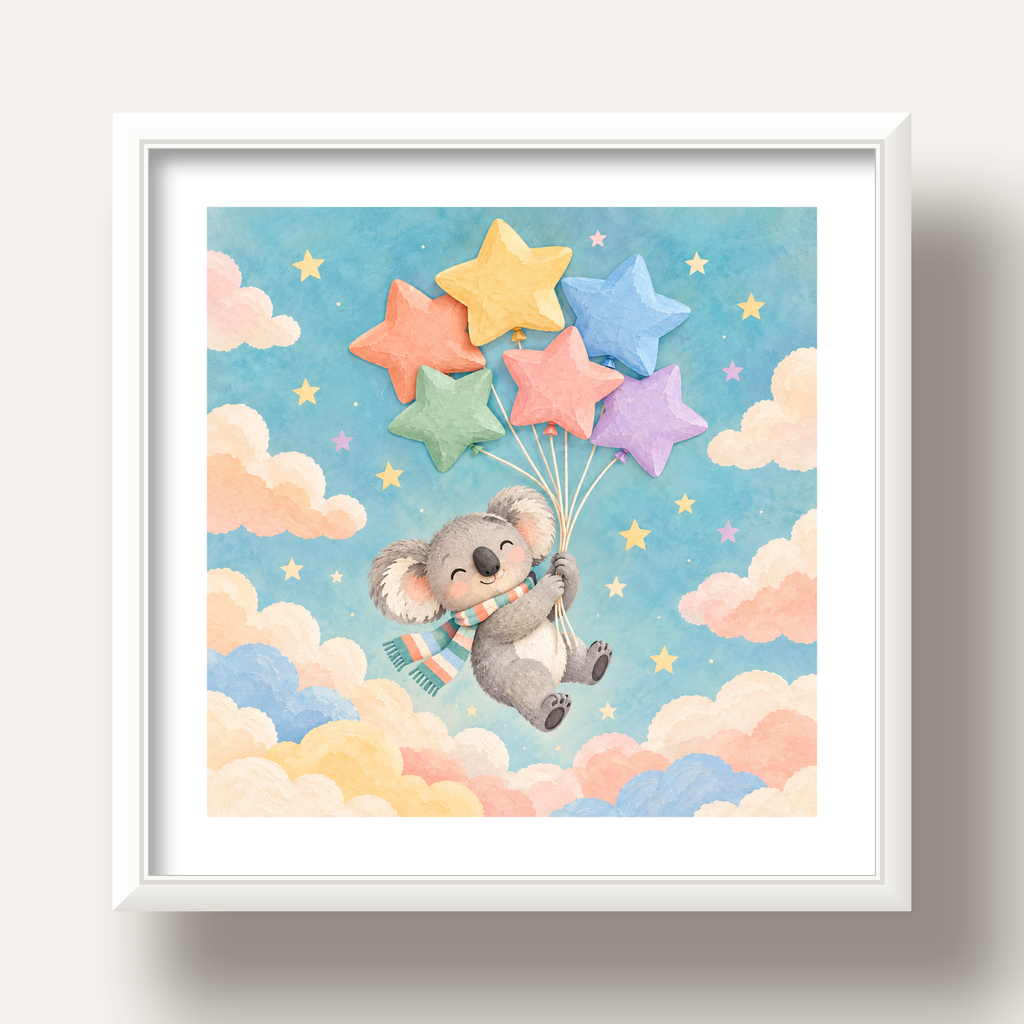 Uçan Koala ve Yıldız Balonlar Çocuk Odası Poster Baskı — beyaz derin çerçeveli paspartulu