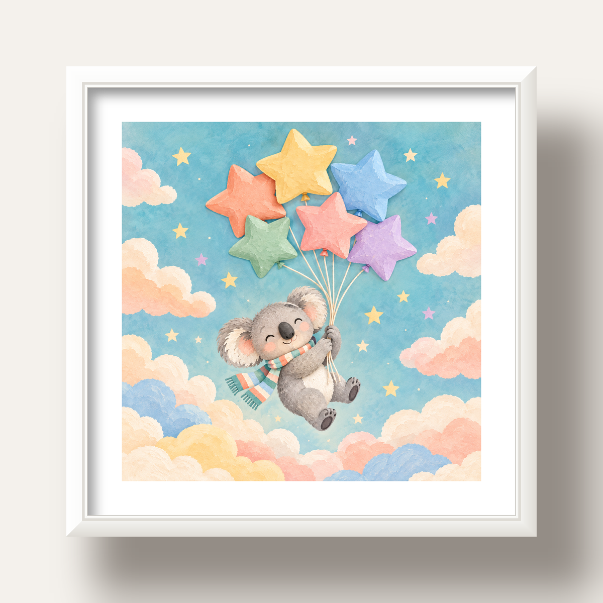 Uçan Koala ve Yıldız Balonlar Çocuk Odası Poster Baskı — beyaz derin çerçeveli paspartulu