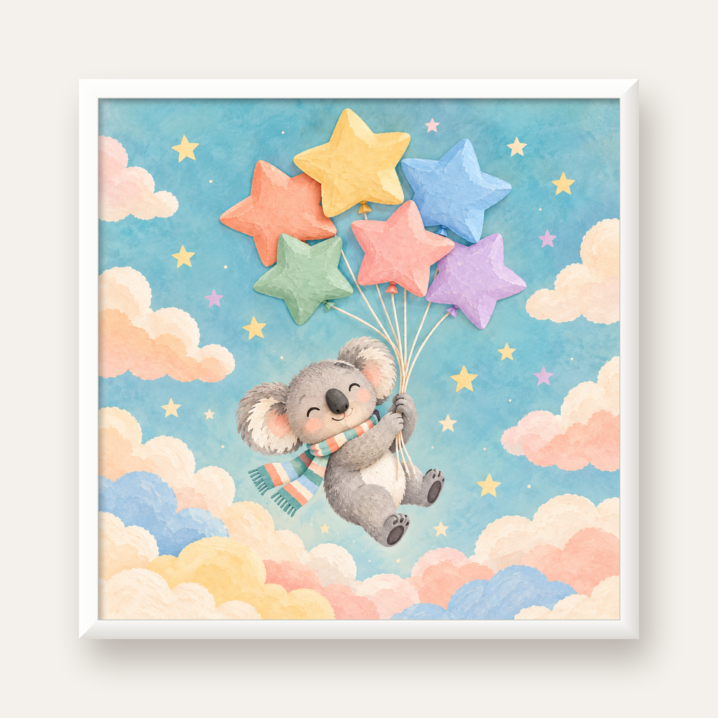 Uçan Koala ve Yıldız Balonlar Çocuk Odası Poster Baskı — beyaz çerçeveli kare poster