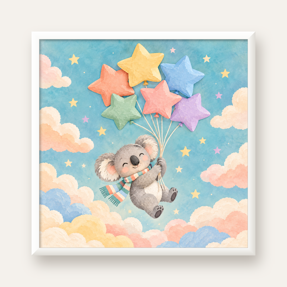 Uçan Koala ve Yıldız Balonlar Çocuk Odası Poster Baskı — beyaz çerçeveli kare poster