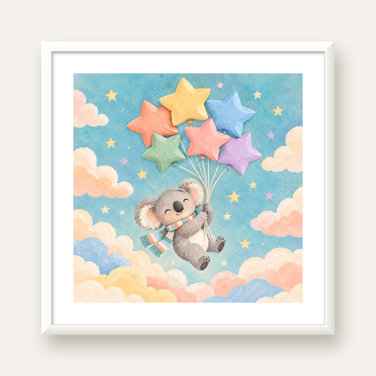 Uçan Koala ve Yıldız Balonlar Çocuk Odası Poster Baskı — beyaz çerçeveli kare poster