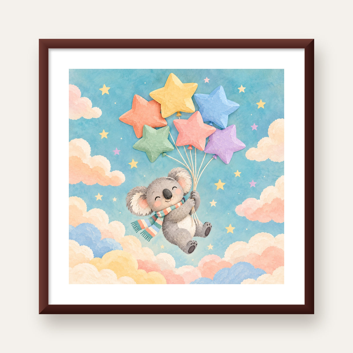 Uçan Koala ve Yıldız Balonlar Çocuk Odası Poster Baskı — ceviz çerçeveli paspartulu