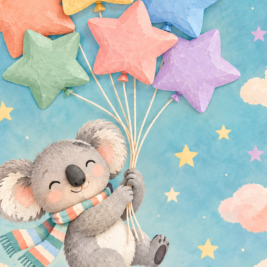Uçan Koala ve Yıldız Balonlar Çocuk Odası Poster Baskı — baskının yakın çekimi, kâğıt dokusu ve renk detayı