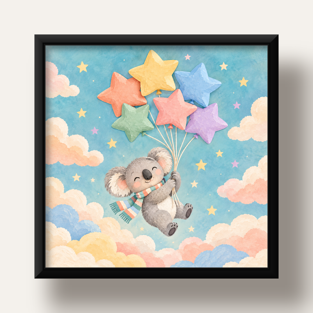 Uçan Koala ve Yıldız Balonlar Çocuk Odası Poster Baskı — siyah derin çerçeveli
