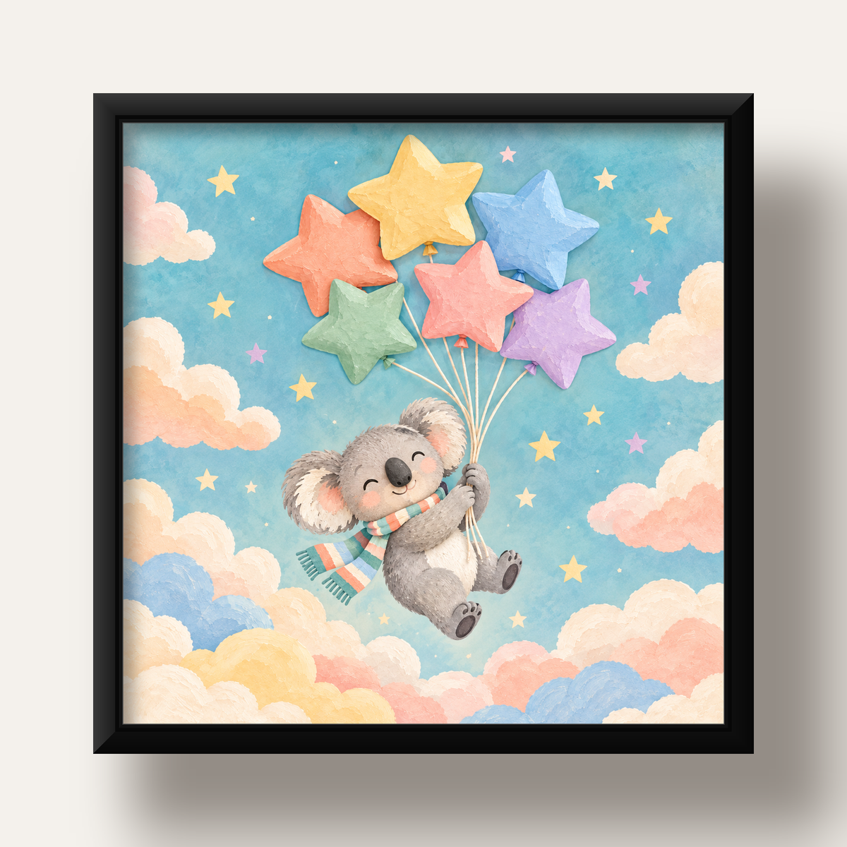Uçan Koala ve Yıldız Balonlar Çocuk Odası Poster Baskı — siyah derin çerçeveli