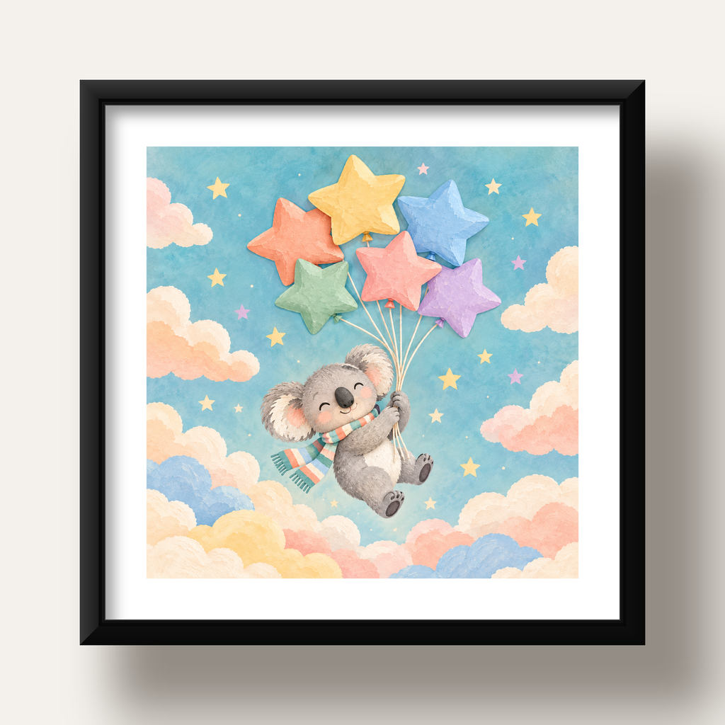 Uçan Koala ve Yıldız Balonlar Çocuk Odası Poster Baskı — siyah derin çerçeveli paspartulu