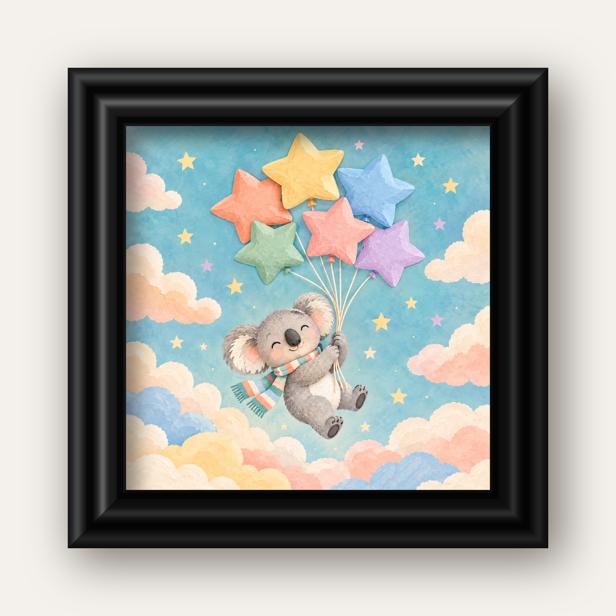 Uçan Koala ve Yıldız Balonlar Çocuk Odası Poster Baskı — siyah galeri çerçeveli