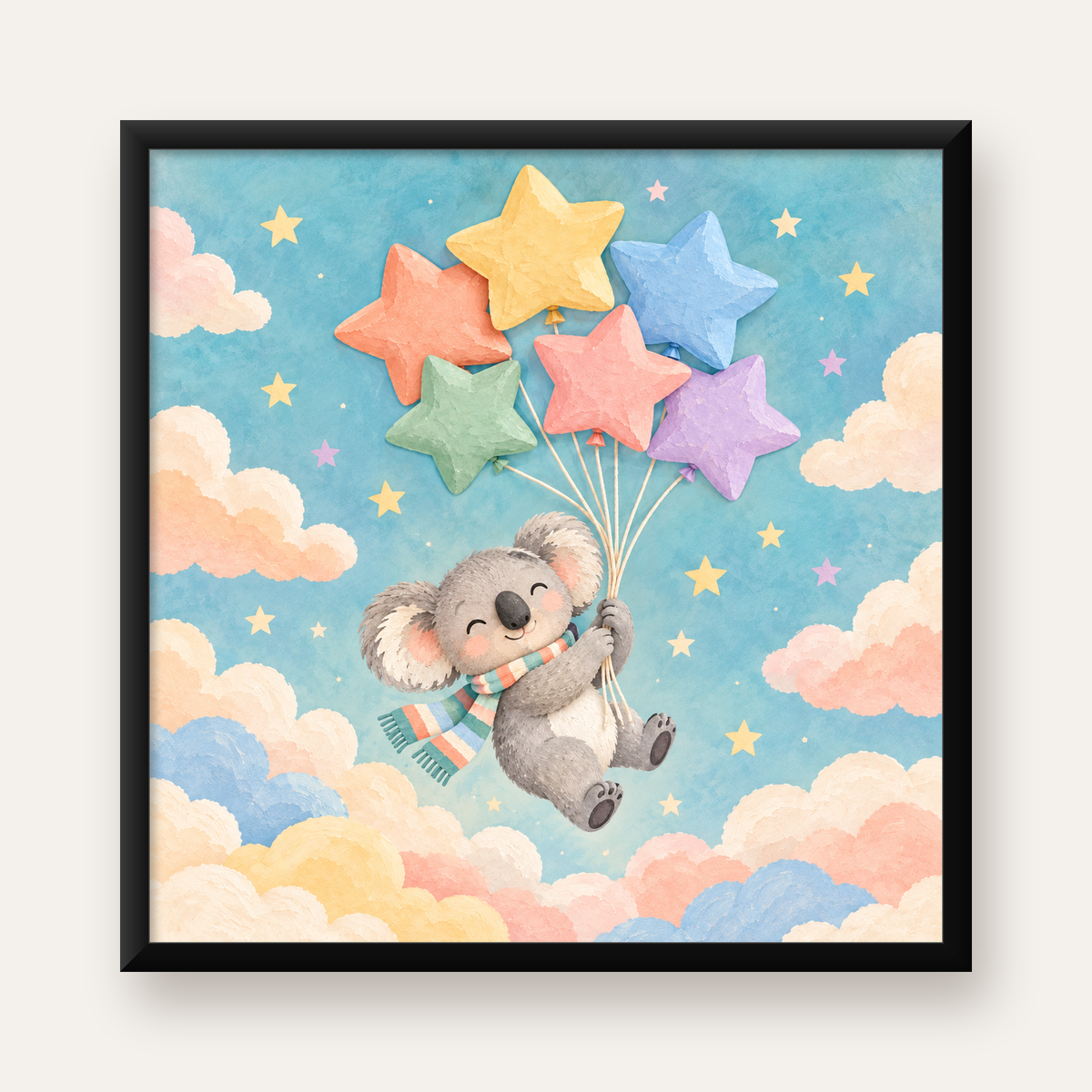 Uçan Koala ve Yıldız Balonlar Çocuk Odası Poster Baskı — Kare baskı, düz siyah çerçeveli duvar posteri