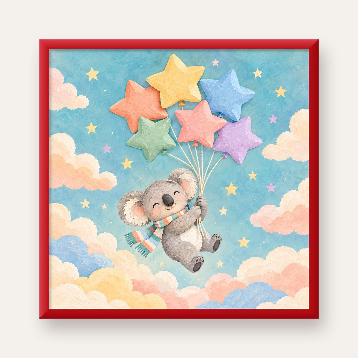 Uçan Koala ve Yıldız Balonlar Çocuk Odası Poster Baskı — kırmızı çerçeveli